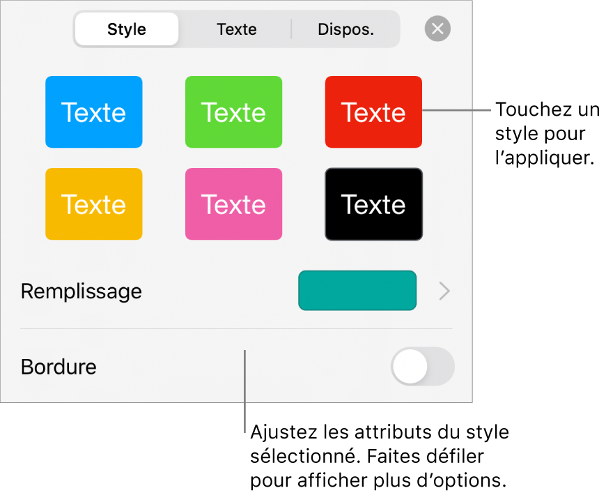 Onglet Style du menu Format avec des styles de forme en haut et, en dessous, des couleurs de remplissage.