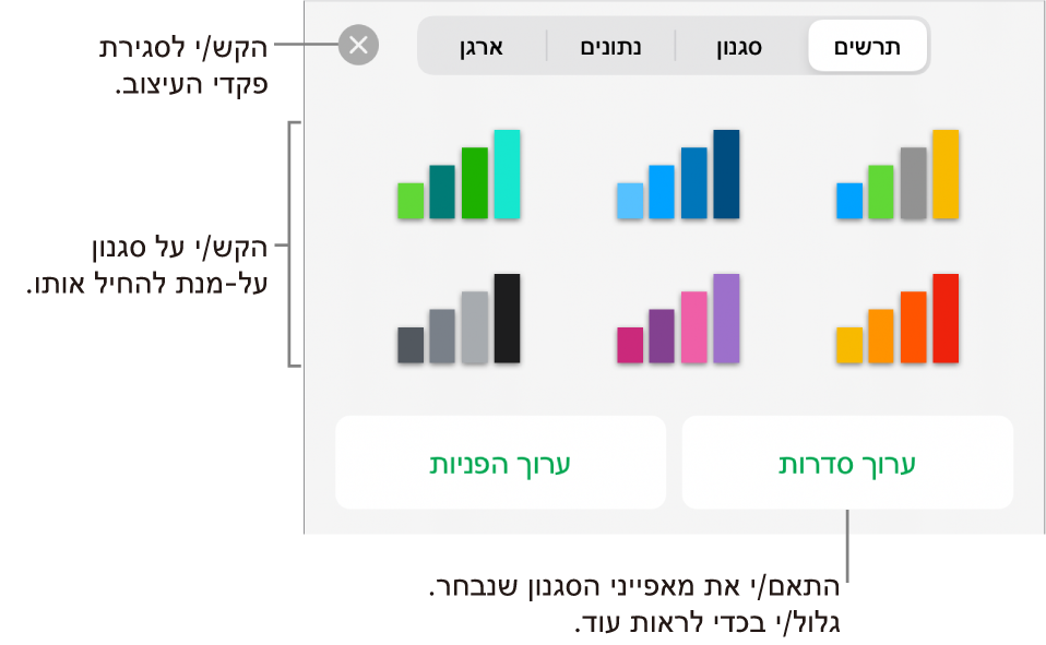 הכרטיסיה ״תרשימים״ של הכפתור ״עיצוב״.