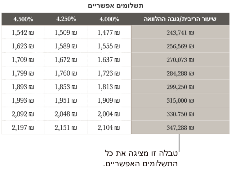 טבלת תשלומי משכנתא מוצגת, לפני הסינון לפי שערי רבית שניתן לעמוד בהם.