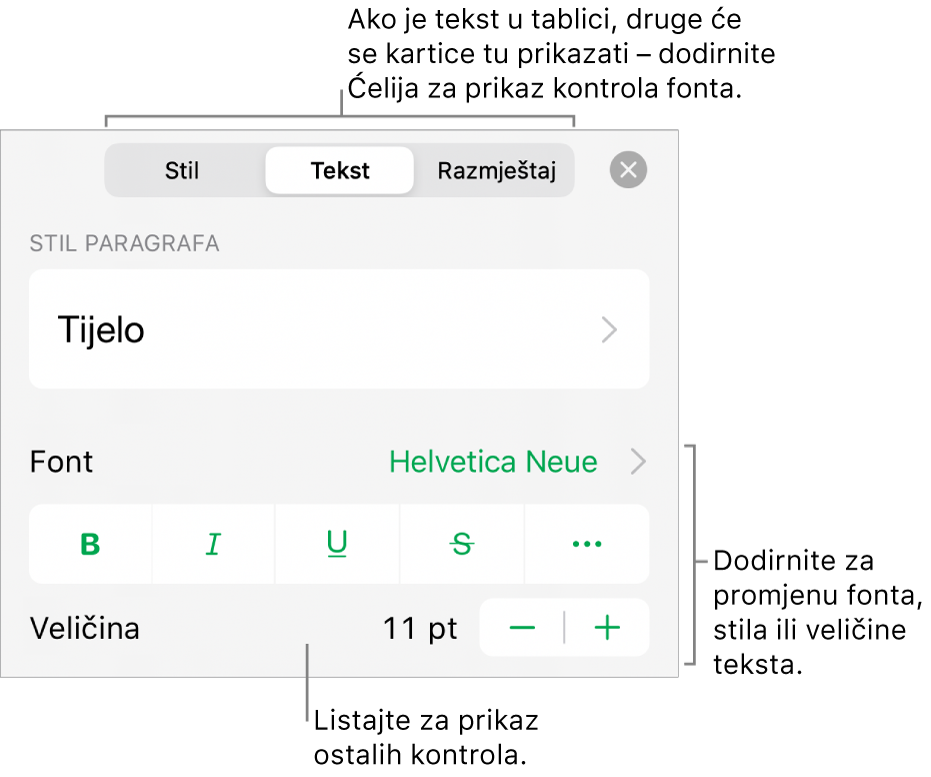 Kontrole teksta u izborniku Format za postavljanje paragrafa i stilova paragrafa, fonta, veličine i boje.