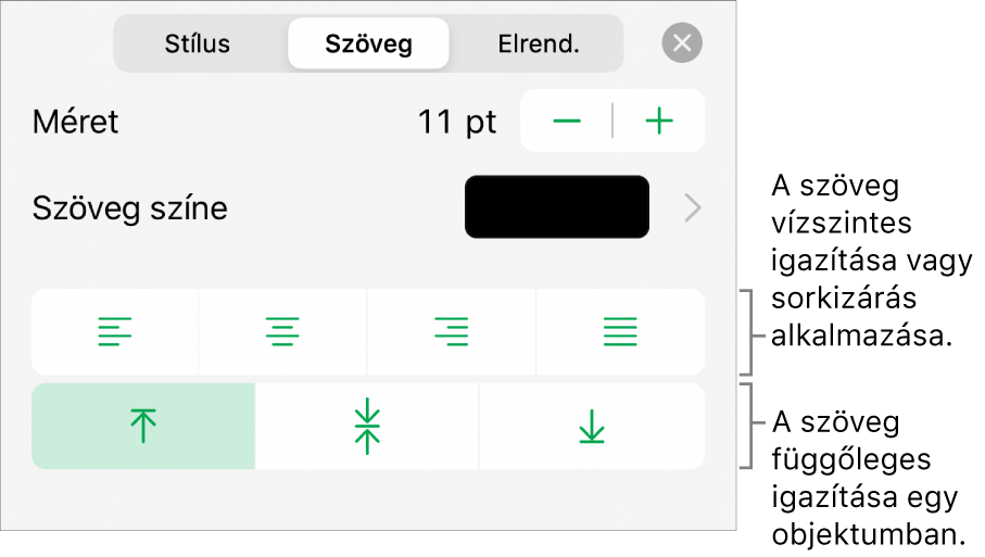 A Formátumvizsgáló Elrendezés szakasza a szövegigazítási és térközbeállítási gombokat jelölő feliratokkal.