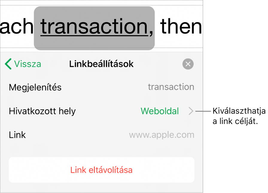 A Linkbeállítások vezérlők a Megjelenítés, a Hivatkozott hely (webhely beállítással) és a Link mezőkkel. A Link eltávolítása gomb alul található.