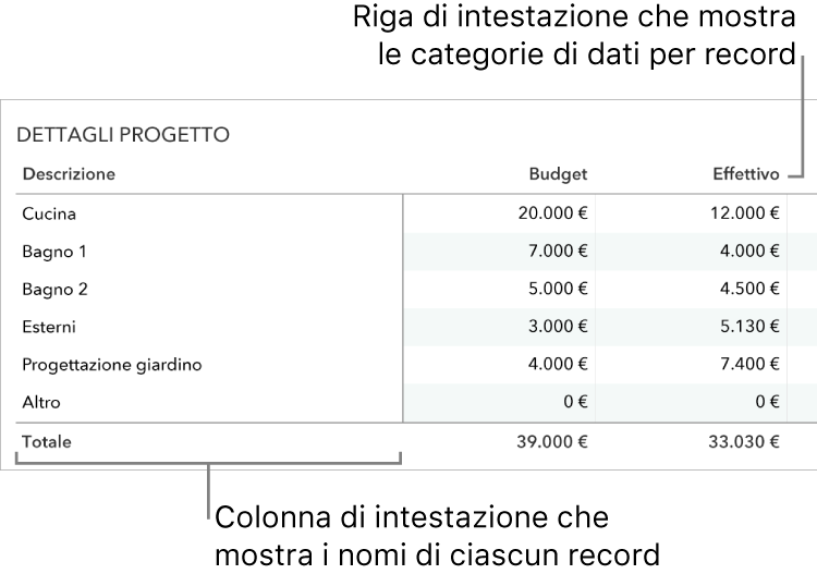 Una tabella impostata correttamente per l'utilizzo dei moduli, con una riga di intestazione che include le categorie dei dati e una colonna di intestazione.