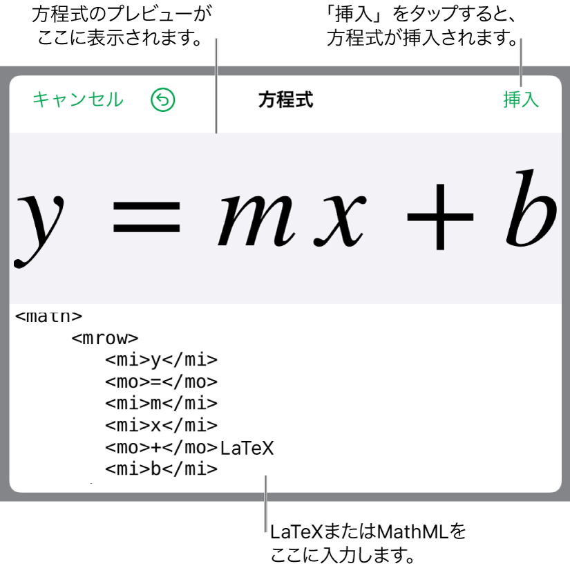 直線の傾きを表す方程式のMathMLコードと、その上に表示された数式のプレビュー。