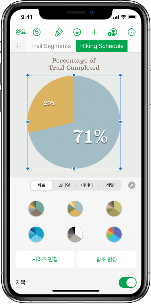 걷기를 완료한 길의 백분율을 표시하는 원형 차트. 시리즈나 차트 참조를 편집하고 차트 제목을 켜거나 끌 수 있는 옵션뿐만 아니라 다양한 차트 스타일을 선택할 수 있는 포맷 메뉴도 열려 있습니다.