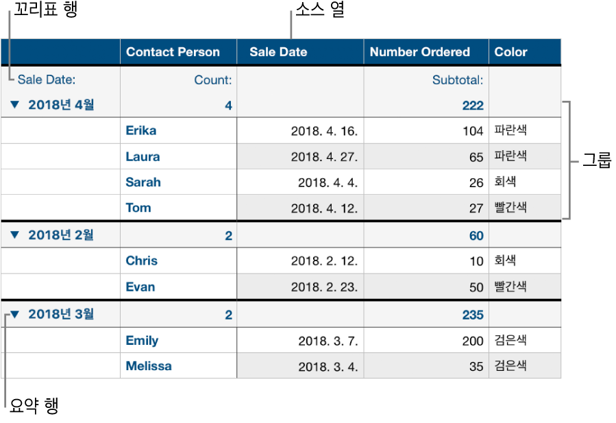 소스 열, 그룹, 요약 행 및 레이블 행을 표시하는 분류된 표.