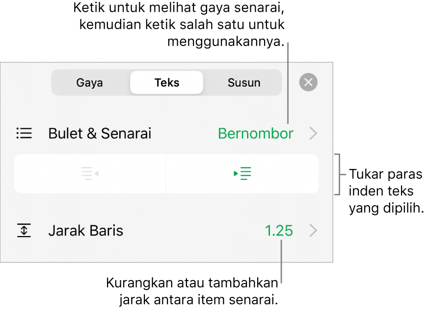 Kawalan Format dengan petak bual kepada menu Bulet & Senarai, butang inden dan kawalan jarak baris.