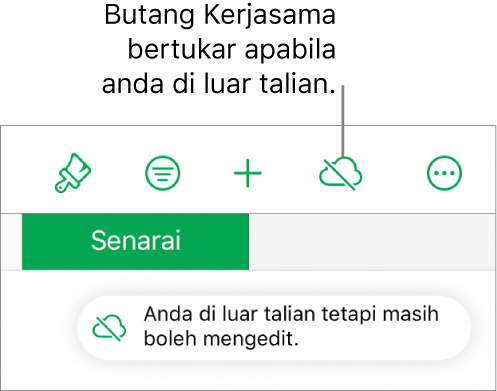 Butang di bahagian atas skrin dengan butang Bekerjasama bertukar menjadi awan dengan garis pepenjuru merentasinya. Isyarat pada skrin menyatakan “Anda di luar talian tetapi masih boleh mengedit”.