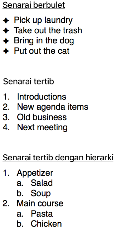 Contoh senarai berbulet, tersusun dan tersusun dengan hierarki.