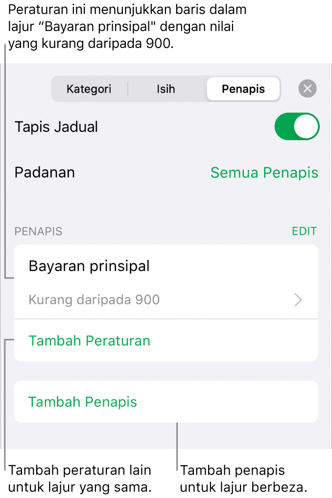 Kawalan untuk menambah peraturan penapisan baru atau mengedit yang sedia ada.