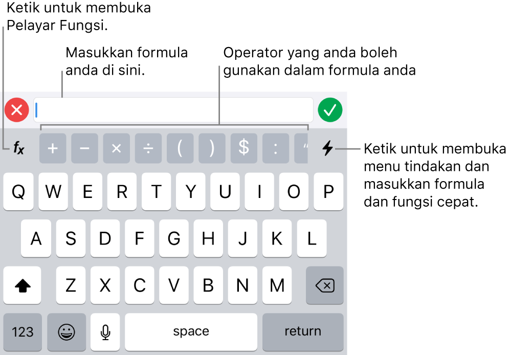 Papan kekunci formula dengan editor formula di atasnya dan operator yang digunakan dalam formula di bawahnya. Butang Fungsi untuk membuka Pelayar Fungsi terdapat di sebelah kiri operator manakala butang menu Tindakan di sebelah kanan.