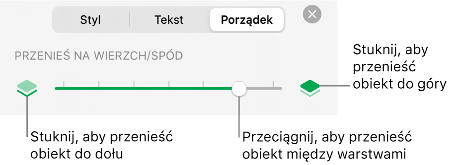 Przycisk przenoszenia niżej, przycisk przenoszenia wyżej i suwak warstw.