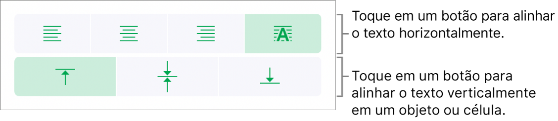 Botões de alinhamento horizontal e vertical de texto.
