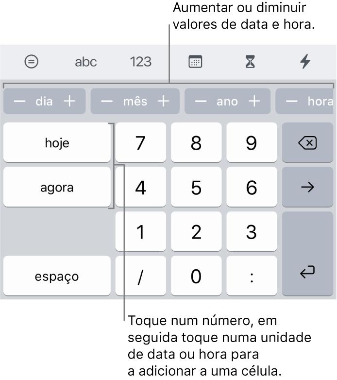 Teclado de data e hora. Uma fila de botões junto à parte superior mostra as unidades de tempo (mês, dia e ano) que pode incrementar de modo a alterar o valor apresentado na célula. São teclas à esquerda para hoje, agora e 12H/24H, e teclas numéricas no centro do teclado.