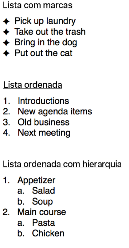 Exemplos de listas com marcas, ordenadas e ordenadas com hierarquia.