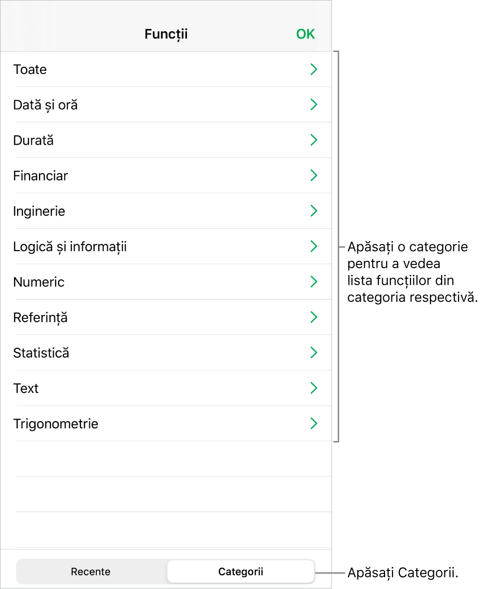 Browserul de funcții cu butonul Categorii selectat și lista categoriilor mai jos.