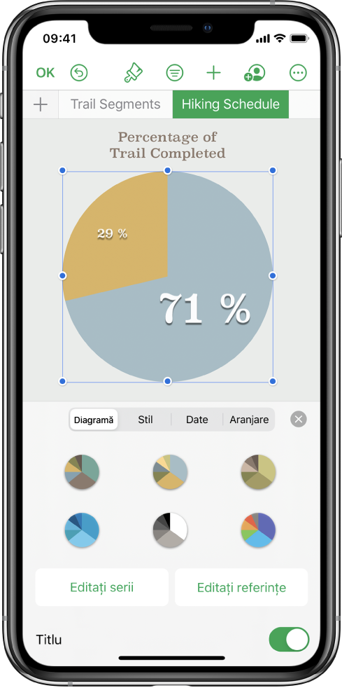 O diagramă disc afișând procentajul traseelor finalizate. Meniul Format este și el deschis, prezentând diferite stiluri de diagramă din care să puteți alege, cât și opțiunile de editare a seriilor sau referințelor din diagramă și activarea sau dezactivarea titlului diagramei.