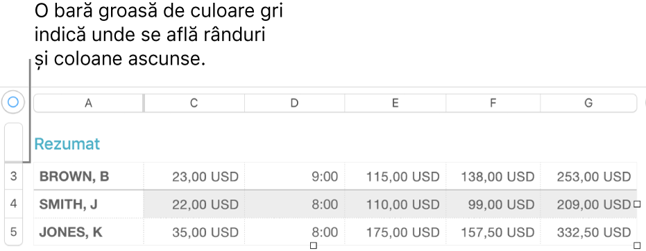 O bară gri groasă care afișează locația rândurilor și coloanelor ascunse.