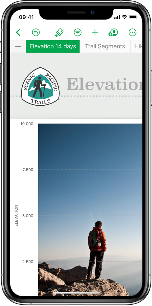 O foaie de calcul care urmărește informații despre drumeții, prezentând numele foilor lângă partea de sus a ecranului. Butonul Adăugați o foaie se află în stânga, urmat de filele foii pentru Elevație și Segmente traseu.