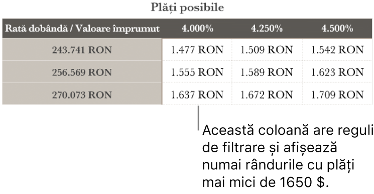Un tabel care afișează ipoteca după filtrarea în funcție de ratele de dobândă pe care vi le permiteți.