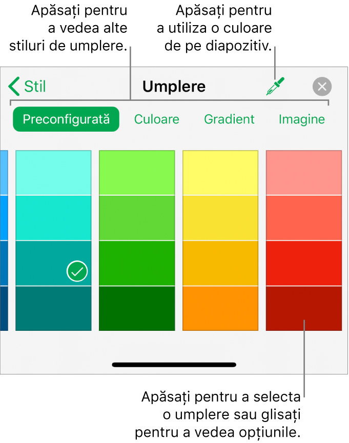 Comenzi de umplere din fila Stil a barei laterale Format.