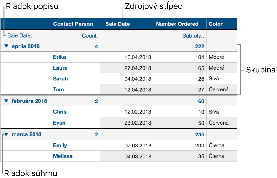 Kategorizovaná tabuľka zobrazujúca zdrojový stĺpec, skupiny, súhrnný riadok a opisný riadok.