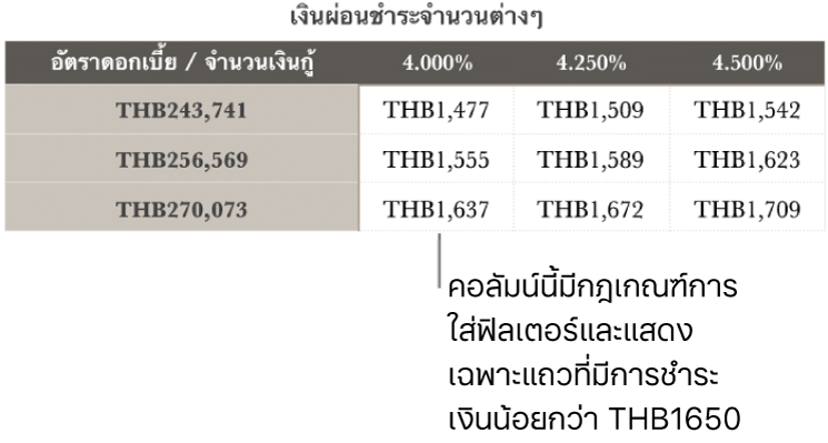 ตารางการจำนองจำที่แสดงหลังจากฟิลเตอร์ให้เหลือแต่อัตราดอกเบี้ยที่คุณจ่ายไหว