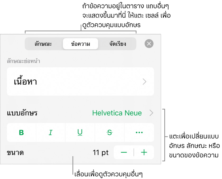 ตัวควบคุมข้อความในเมนูรูปแบบสำหรับตั้งค่าลักษณะ แบบอักษร ขนาด และสีของย่อหน้าและอักขระ