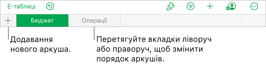 Панель вкладок для додавання нового аркуша, переходів між аркушами та їх перевпорядкування.