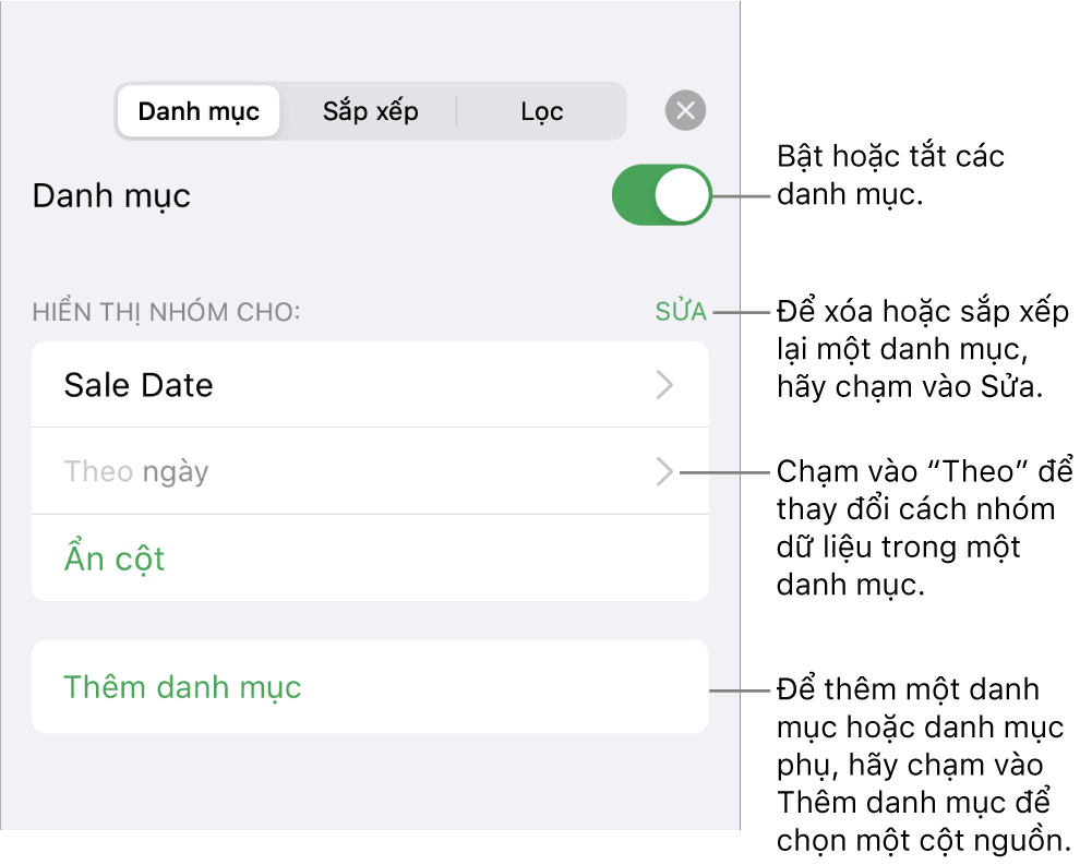 Menu Danh mục cho iPhone với các tùy chọn để tắt danh mục, xóa danh mục, nhóm lại dữ liệu, ẩn cột nguồn và thêm danh mục.