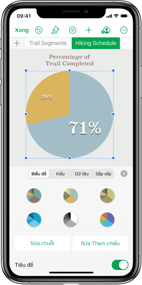 Biểu đồ tròn đang hiển thị các tỷ lệ phần trăm của quãng đường đã hoàn thành. Menu Định dạng cũng được mở, đang hiển thị các kiểu biểu đồ để chọn cũng như các tùy chọn để sửa chuỗi hoặc tham chiếu biểu đồ và bật hoặc tắt tiêu đề của biểu đồ.