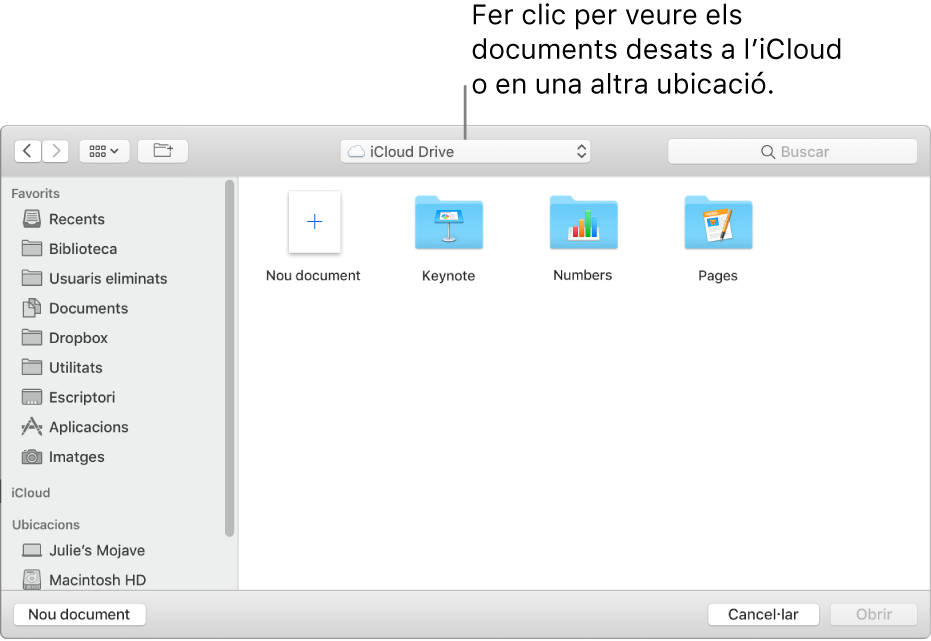 El quadre de diàleg Obrir, amb la barra lateral oberta a l’esquerra i l’iCloud Drive seleccionat al menú desplegable de la part superior. Les carpetes del Keynote, el Numbers i el Pages apareixen al quadre de diàleg juntament amb el botó “Nou document”.