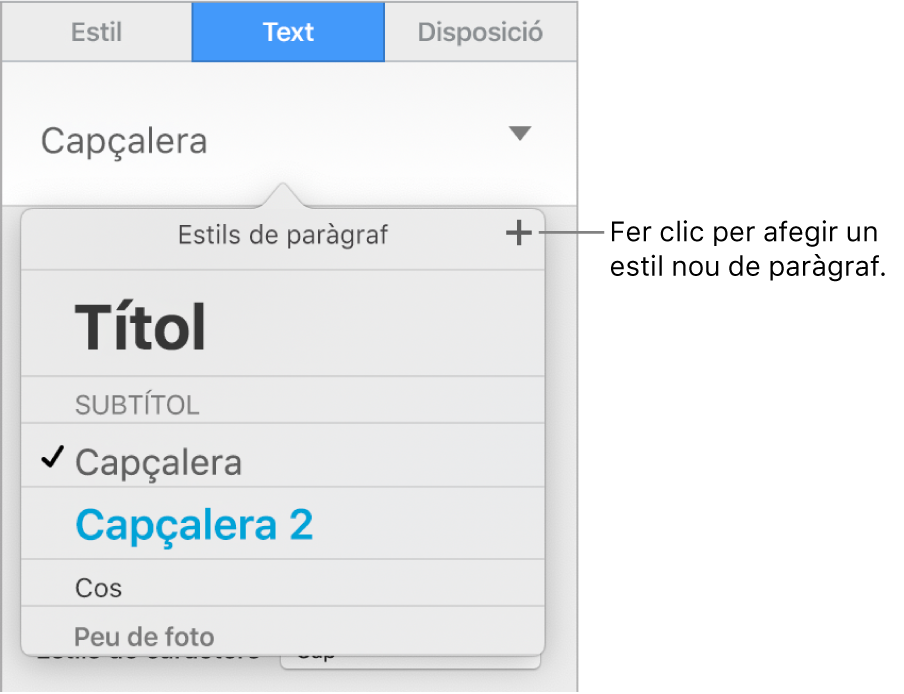 El menú “Estils de paràgraf” amb una llegenda per al botó “Nou estil”.