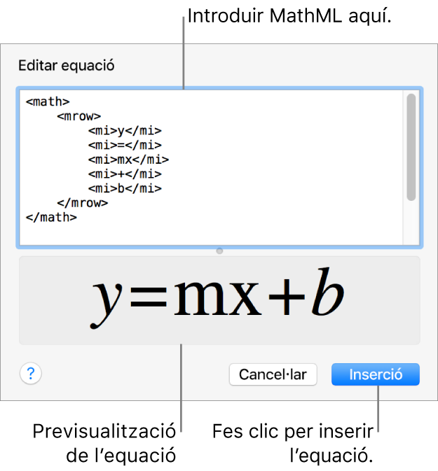 L’equació del pendent d’una línia al camp “Editar equació” i una previsualització de la fórmula a sota.