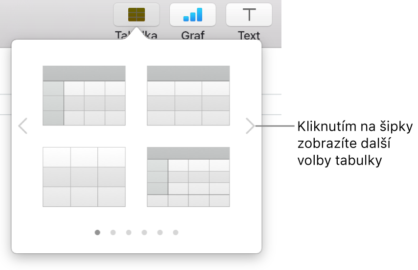 Nabídka Přidat tabulku s navigačními šipkami