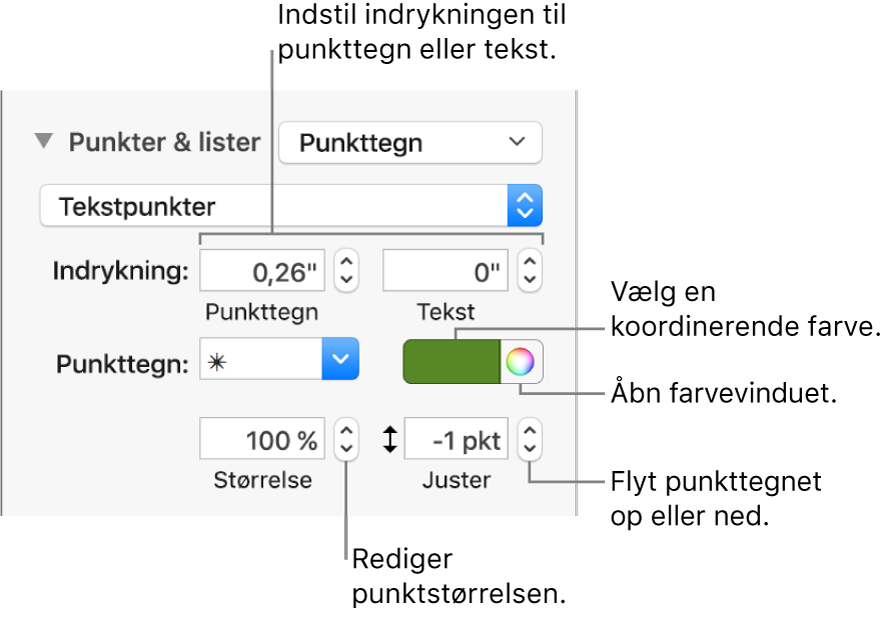 Punkter & lister med billedforklaringer til betjeningsmulighederne til indrykning af punkttegn og tekst, farve og størrelse på punkttegn og justering.