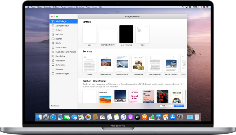 Ein MacBook Pro, auf dessen Bildschirm die Pages-Vorlagenauswahl geöffnet ist. Links ist die Kategorie „Alle Vorlagen“ ausgewählt und rechts sind vordefinierte Vorlagen zu sehen, in Zeilen nach Kategorie angeordnet.
