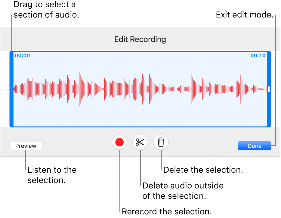 Controls for editing recorded audio. Handles indicate the selected section of the recording, and Preview, Record, Trim, Delete and Edit Mode buttons are below.