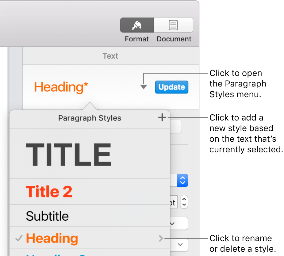 The Paragraph Styles menu, showing controls to add or change a style.