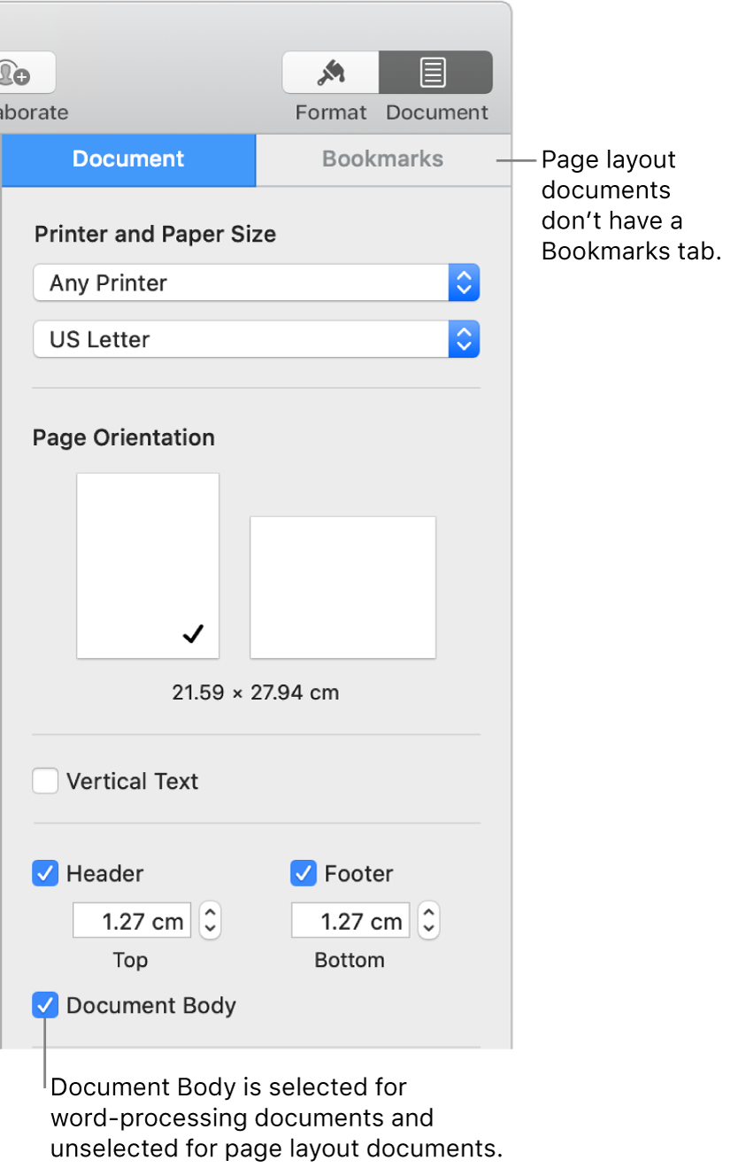 The Format sidebar with Document and Bookmarks tabs at the top. The Document tab is selected and a callout to the Bookmarks tab says that page layout documents don’t have a Bookmarks tab. The Document Body tick box is selected, which also indicates that this is a word-processing document.