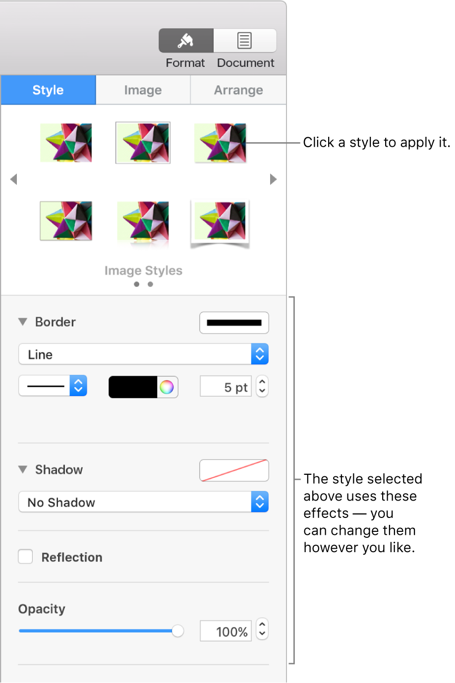 The Style tab of the Format sidebar showing object style options.