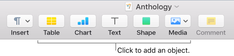 The toolbar with buttons for adding tables, charts, text, shapes, and media.
