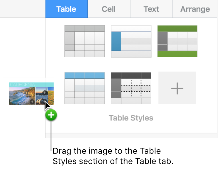Dragging an image into the table styles pane to create a new style.
