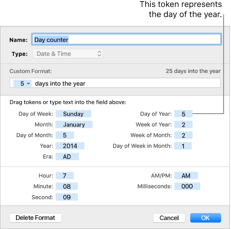 The custom cell format window with controls for choosing custom date and time formatting.