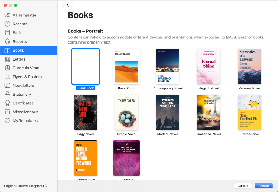 The template chooser with Books selected in the category list on the left, and book templates in portrait orientation on the right.