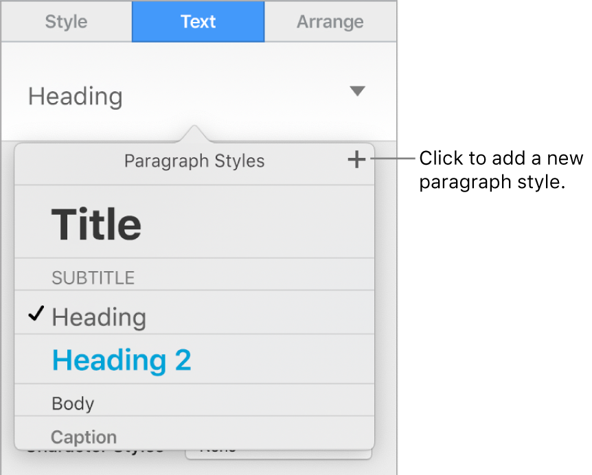 The Paragraph Styles menu with a callout to the New Style button.