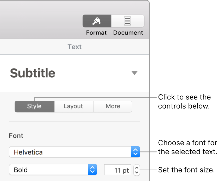 Text controls in the Style section of the Format sidebar for setting font and font size.