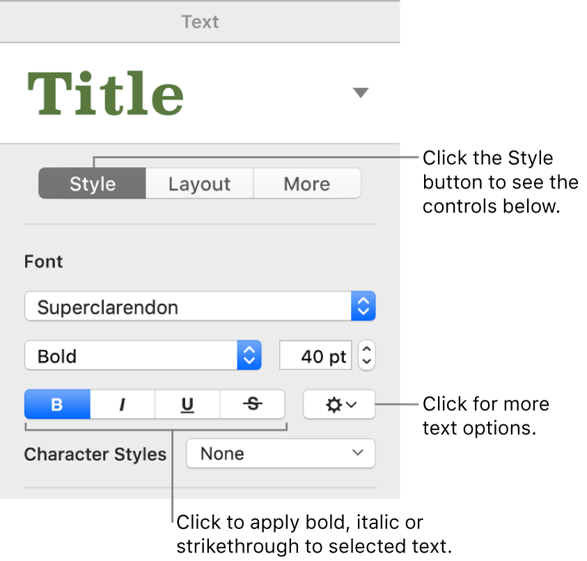 The Style controls in the Format sidebar with callouts to the Bold, Italic, Underline and Strikethrough buttons.