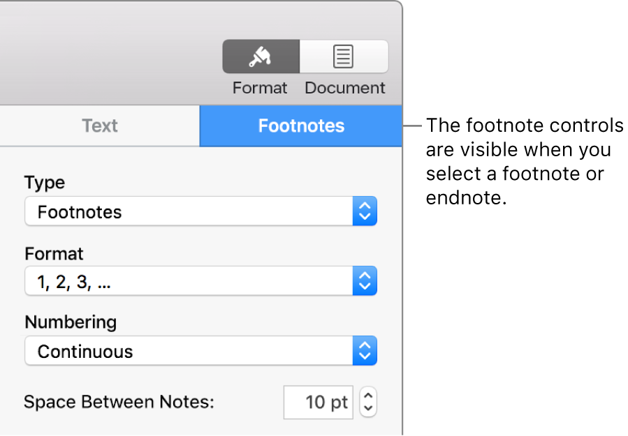 The Footnotes pane showing pop-up menus for Type, Format, Numbering and space between notes.