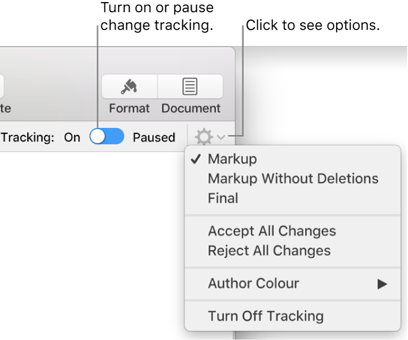 The tracking options menu showing Turn off Tracking at the bottom and callouts to the Tracking On and Paused button.